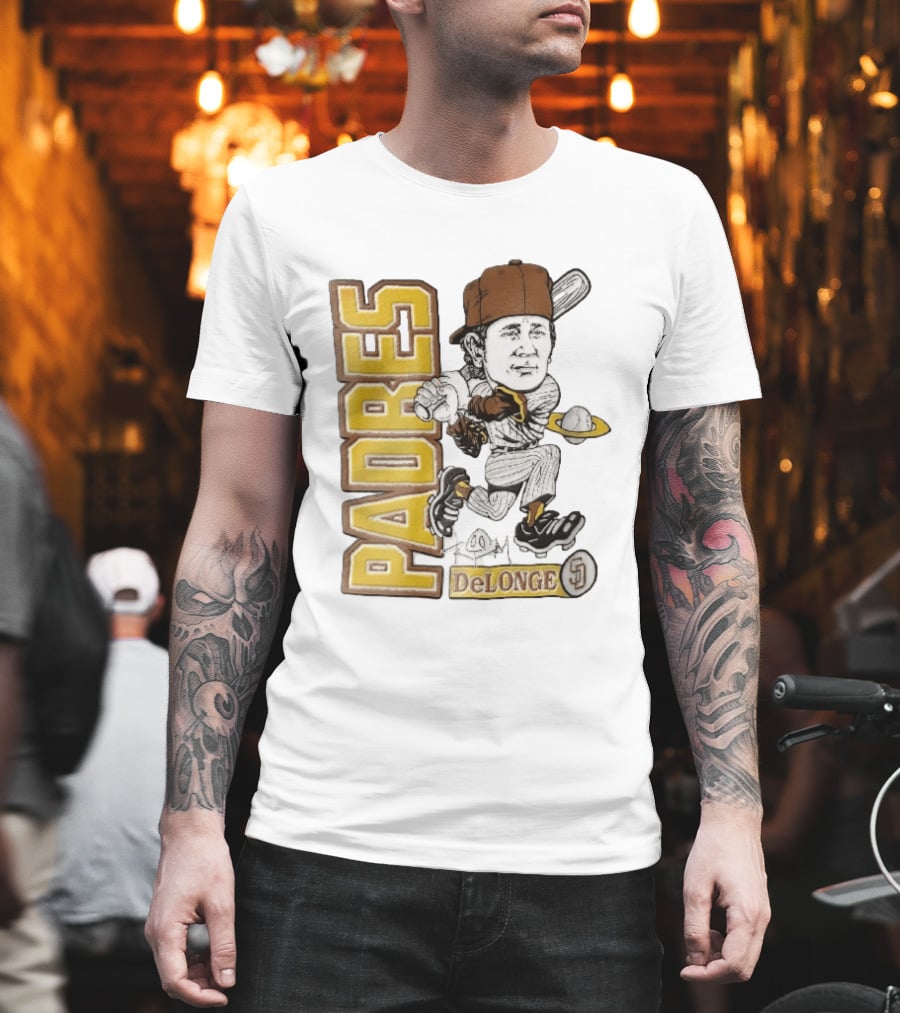 San Diego Padres DeLonge Cartoon Caricature Batter With Orbit Baseball T-Shirt
