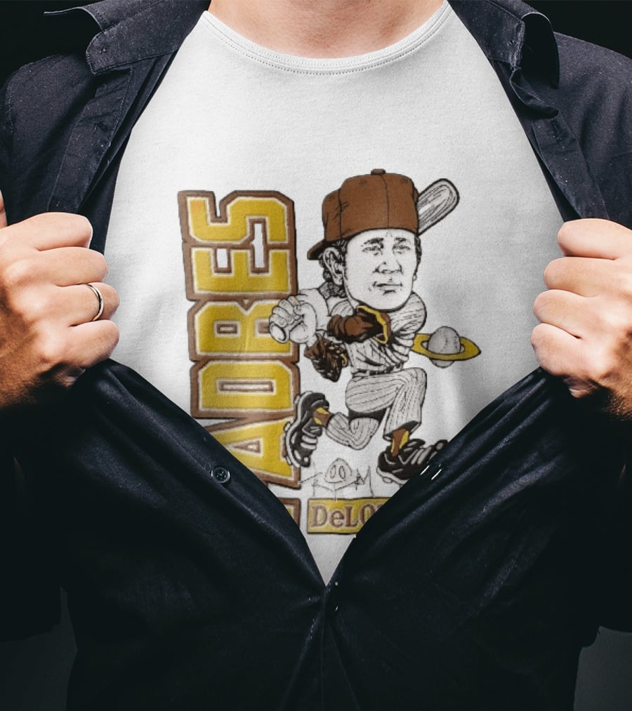 San Diego Padres DeLonge Cartoon Caricature Batter With Orbit Baseball T-Shirt
