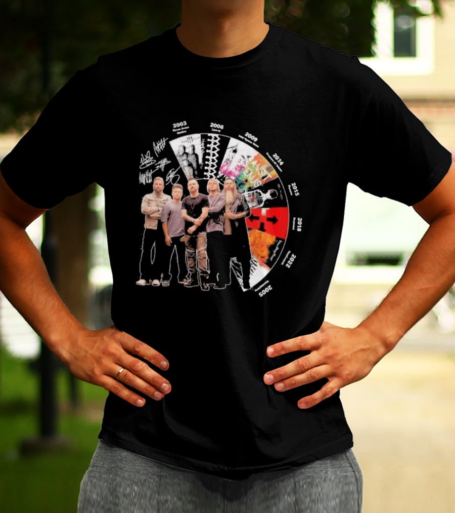 Three Days Grace Albums Timeline With Band Signatures And Discography Dates T-Shirt