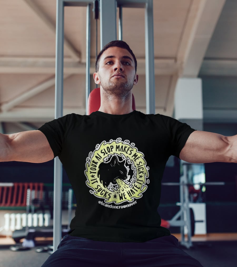 Your Ai Slop Makes Me Sick It Sucks We Hate Brandon Crownover Black Cat Vomiting Green Slime T-Shirt