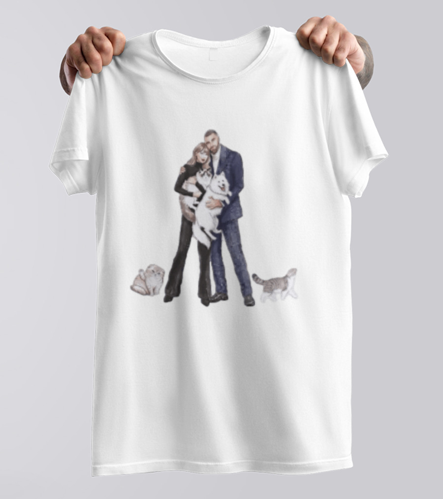 Taylor And Travis Cat Dog Illustration With Couple And Pets T-Shirt