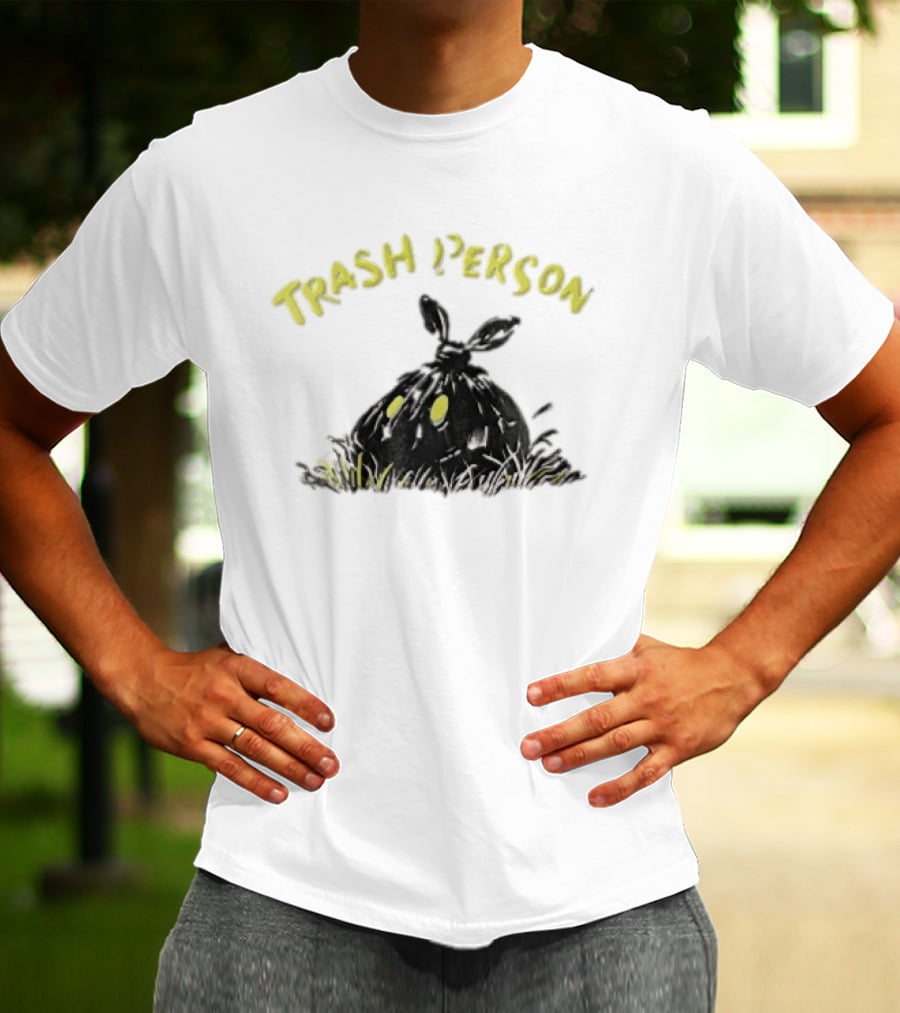 Trash Person Black Bag Creature Glowing Yellow Eyes Grass Monster T-Shirt