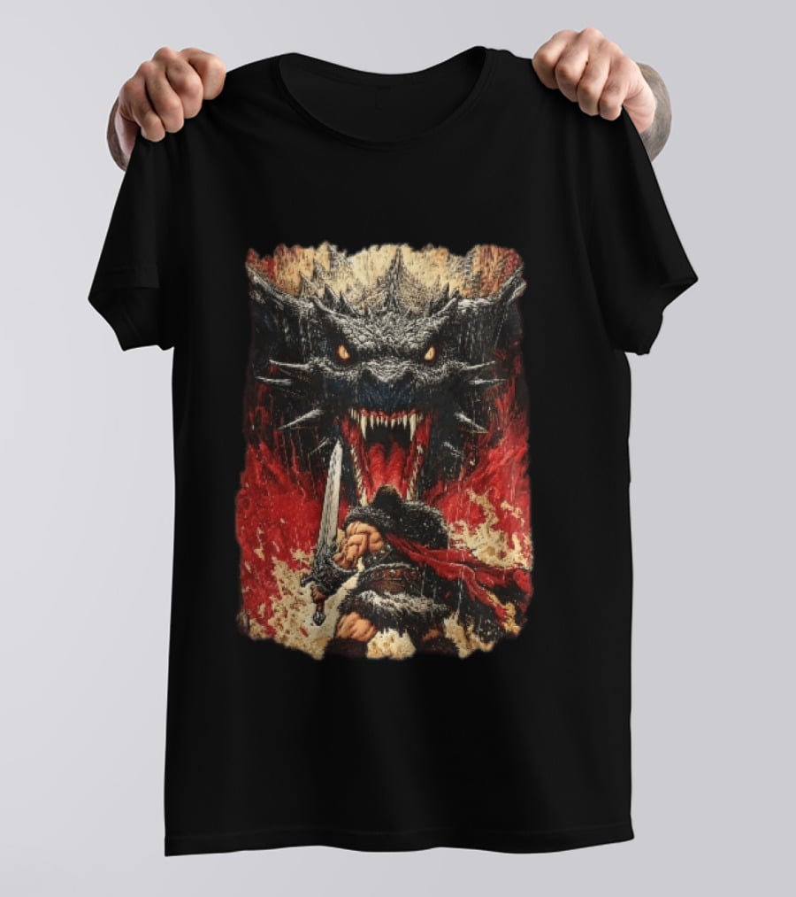 Barbarian Warrior Sword Battle Roaring Dragon Fiery Flames Art Ink Line T-Shirt