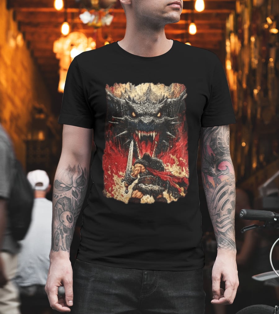 Barbarian Warrior Sword Battle Roaring Dragon Fiery Flames Art Ink Line T-Shirt