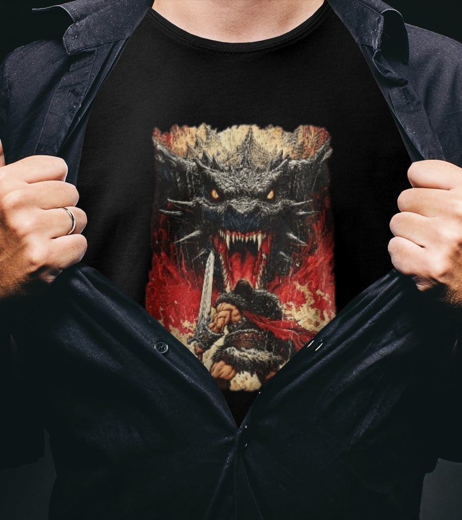 Barbarian Warrior Sword Battle Roaring Dragon Fiery Flames Art Ink Line T-Shirt