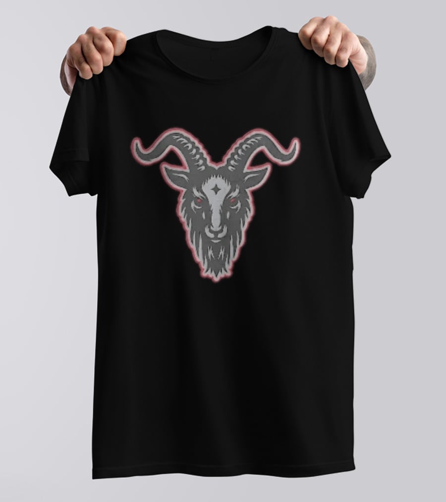 Black Goat Head Curved Horns Glowing Red Eyes Forehead Star Grey Beard Contour T-Shirt