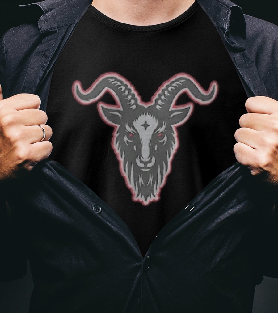 Black Goat Head Curved Horns Glowing Red Eyes Forehead Star Grey Beard Contour T-Shirt