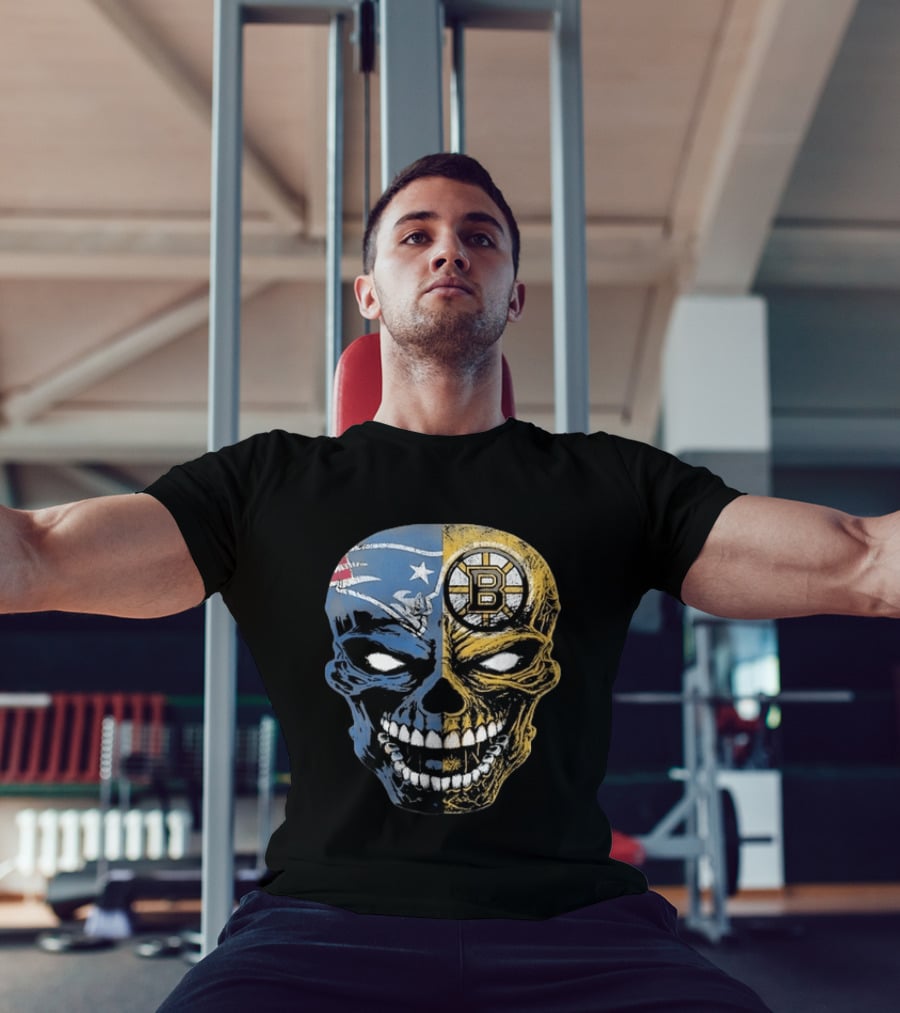 Boston Sports Skull New England Patriots Boston Bruins Fan Fusion T-Shirt