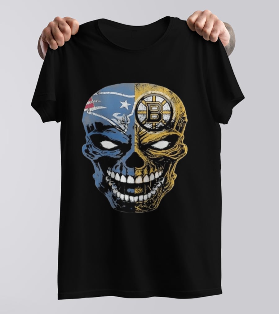 Boston Sports Skull New England Patriots Boston Bruins Fan Fusion T-Shirt