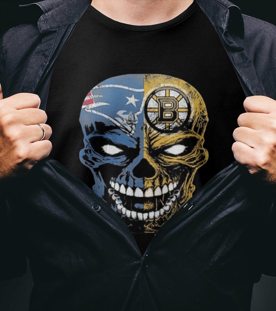 Boston Sports Skull New England Patriots Boston Bruins Fan Fusion T-Shirt