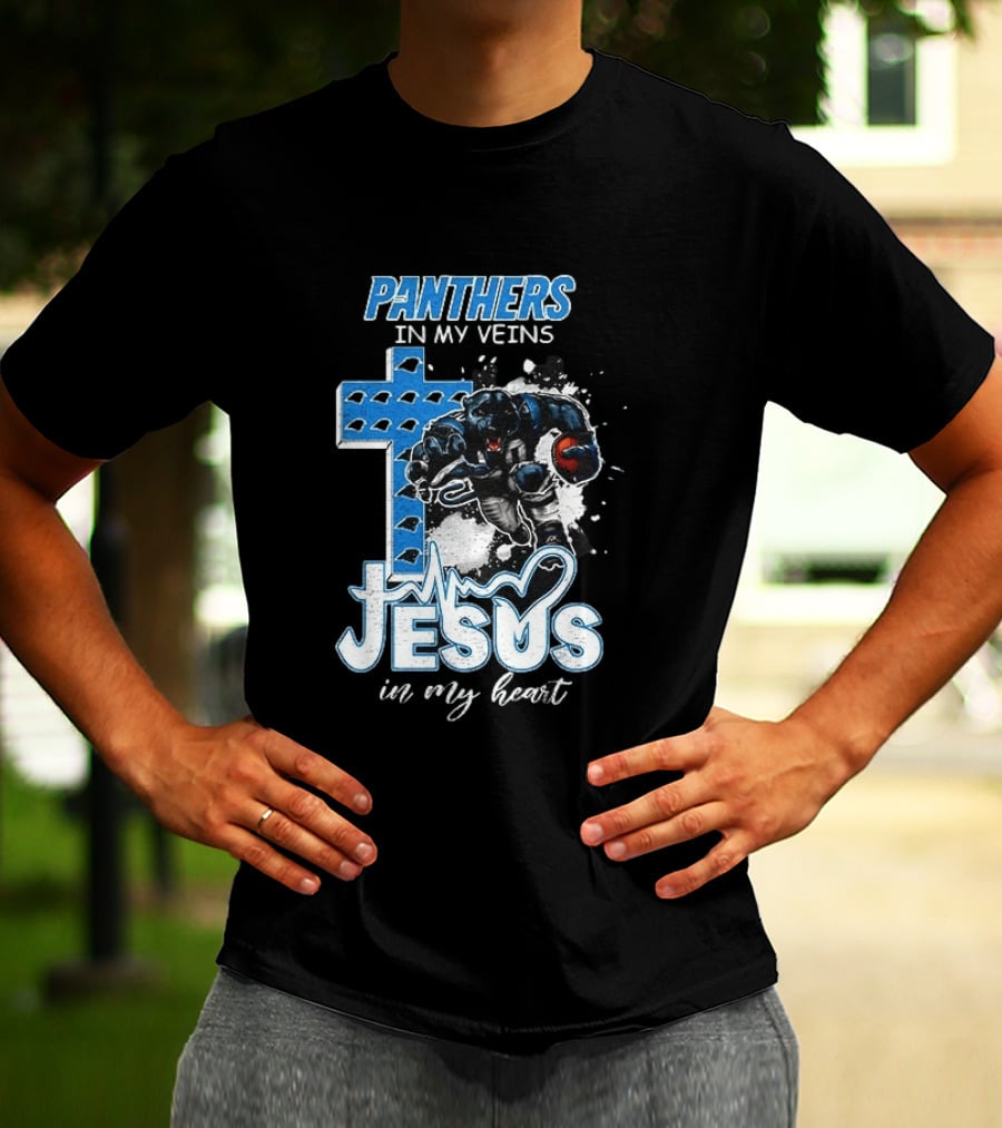 Panthers In My Veins Jesus In My Heart Carolina Football Athlete Cross T-Shirt