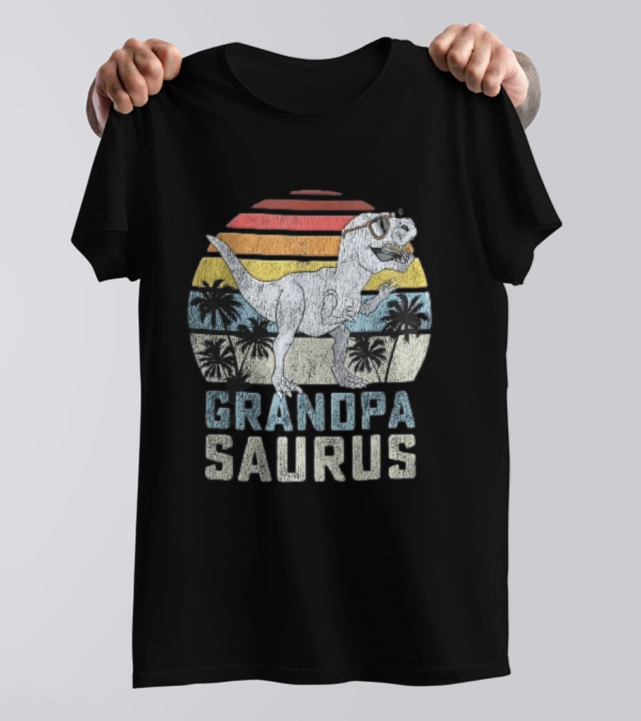 Grandpa Saurus Dinosaur Sunglasses Sunset Palms T-Shirt