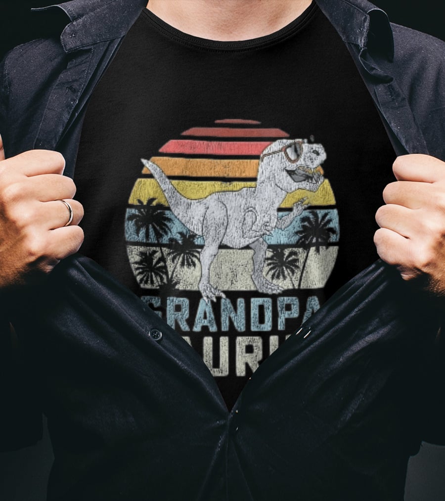 Grandpa Saurus Dinosaur Sunglasses Sunset Palms T-Shirt