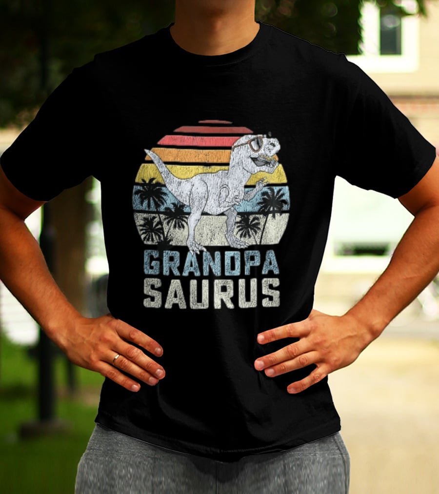 Grandpa Saurus Dinosaur Sunglasses Sunset Palms T-Shirt