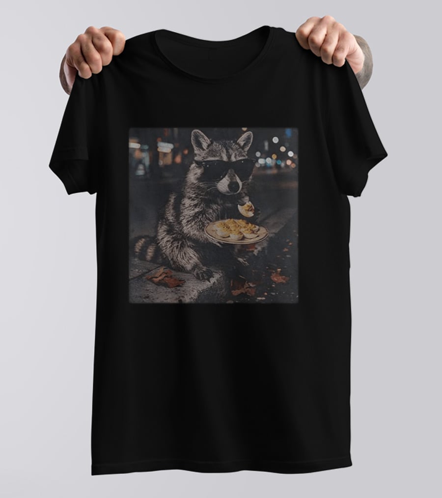 Raccoon Eating Deviled Eggs At Night Wearing Sunglasses T-Shirt