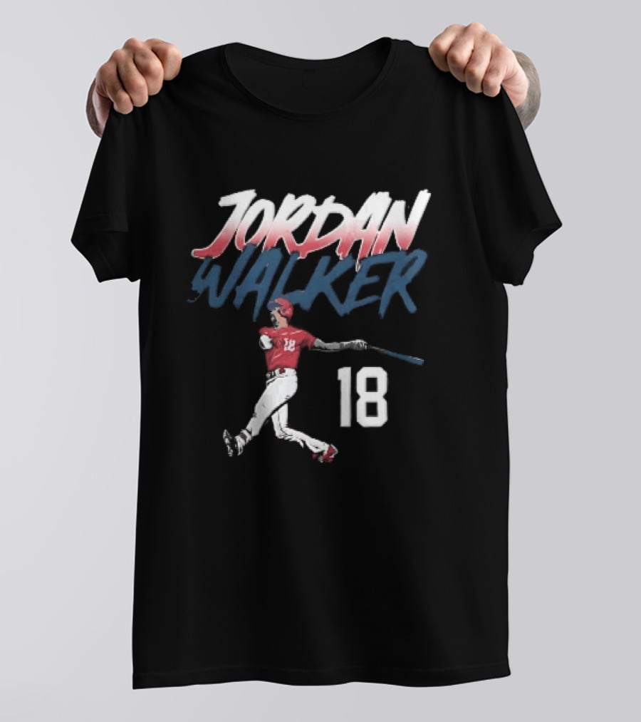 Jordan Walker 18 Baseball Red Uniform Swinging Bat Brush Lettering T-Shirt