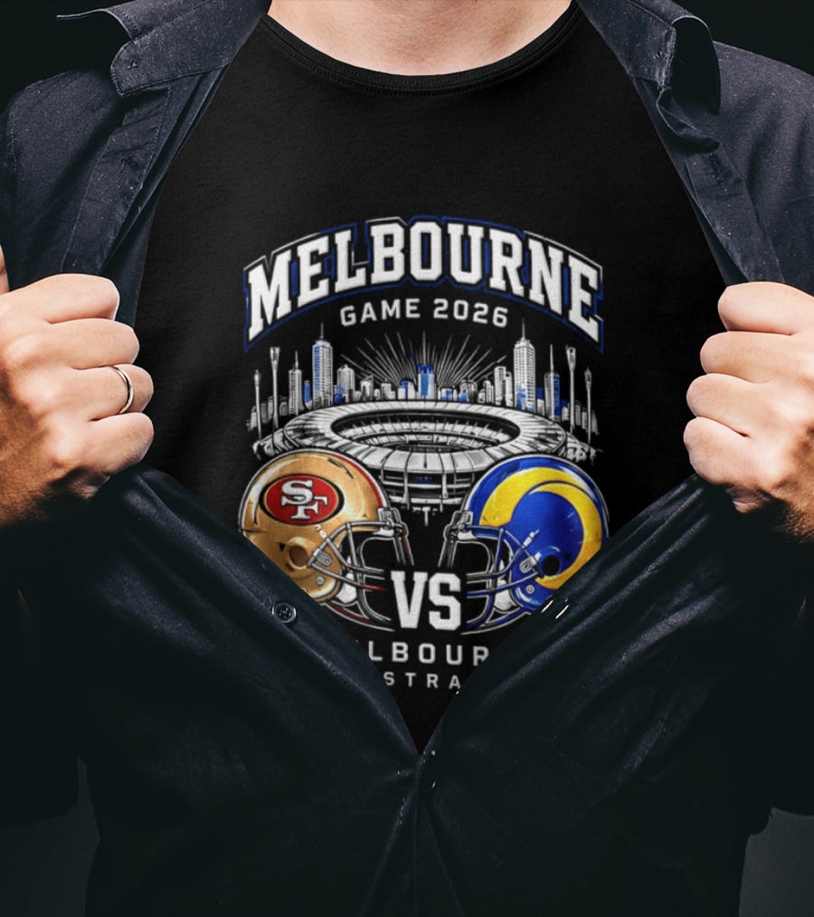 Melbourne Game 2026 San Francisco 49ers Vs Los Angeles Rams Australia Helmets T-Shirt