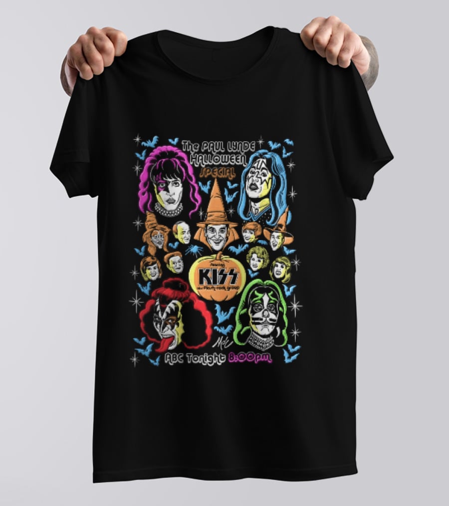 Kiss The Paul Lynde Halloween Special Flash Rock Group ABC Tonight 800pm Cartoon Caricatures Bats T-Shirt
