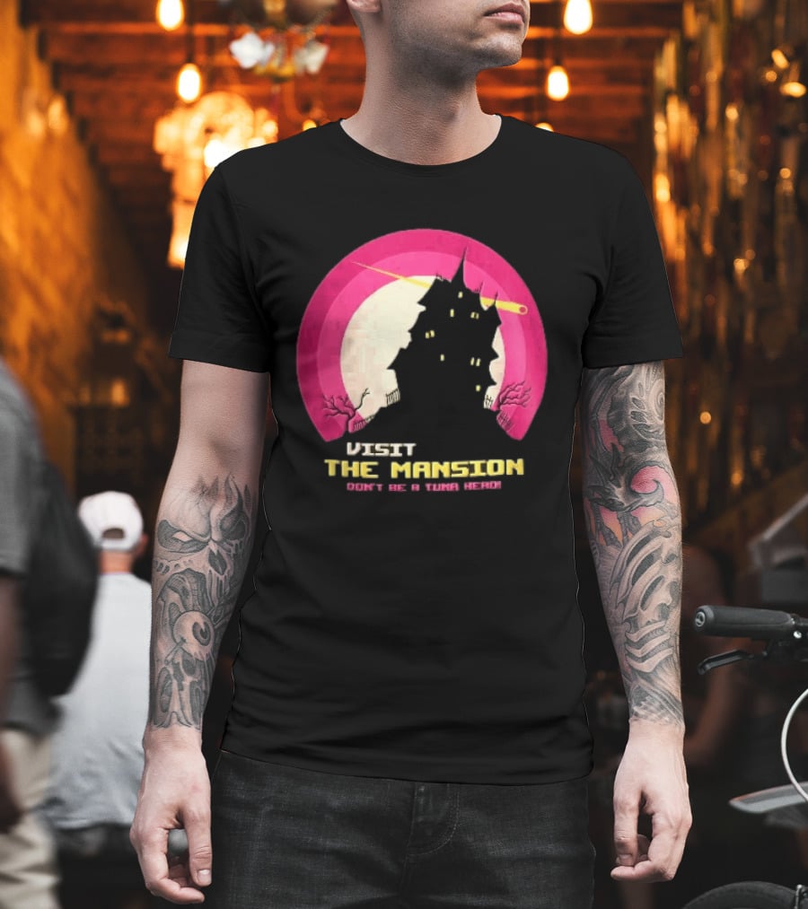 Visit The Mansion Don't Be A Tuna Head Pixel Spooky House Moon Skeleton Trees Yellow Meteor T-Shirt
