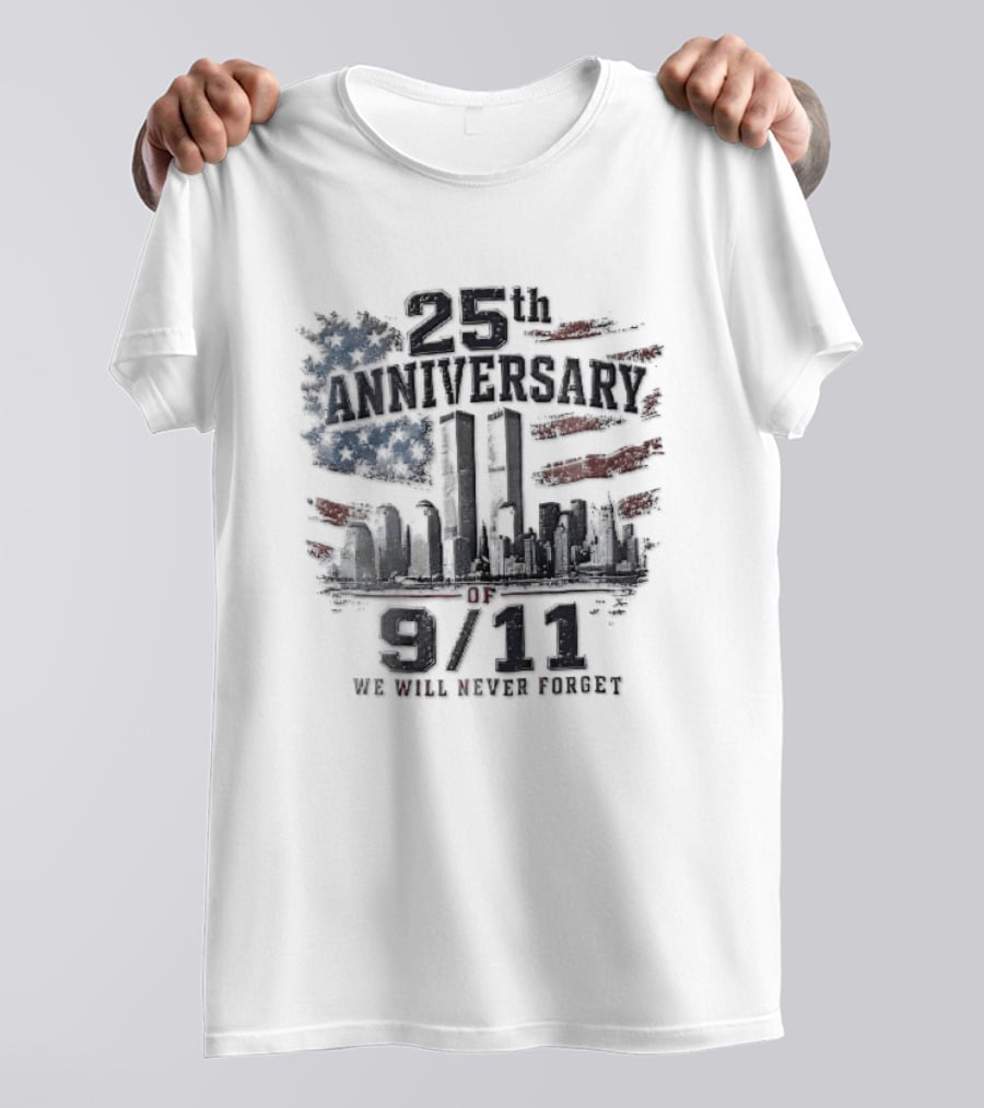 25th Anniversary 9 11 We Will Never Forget New York Skyline Twin Towers Distressed American Flag T-Shirt