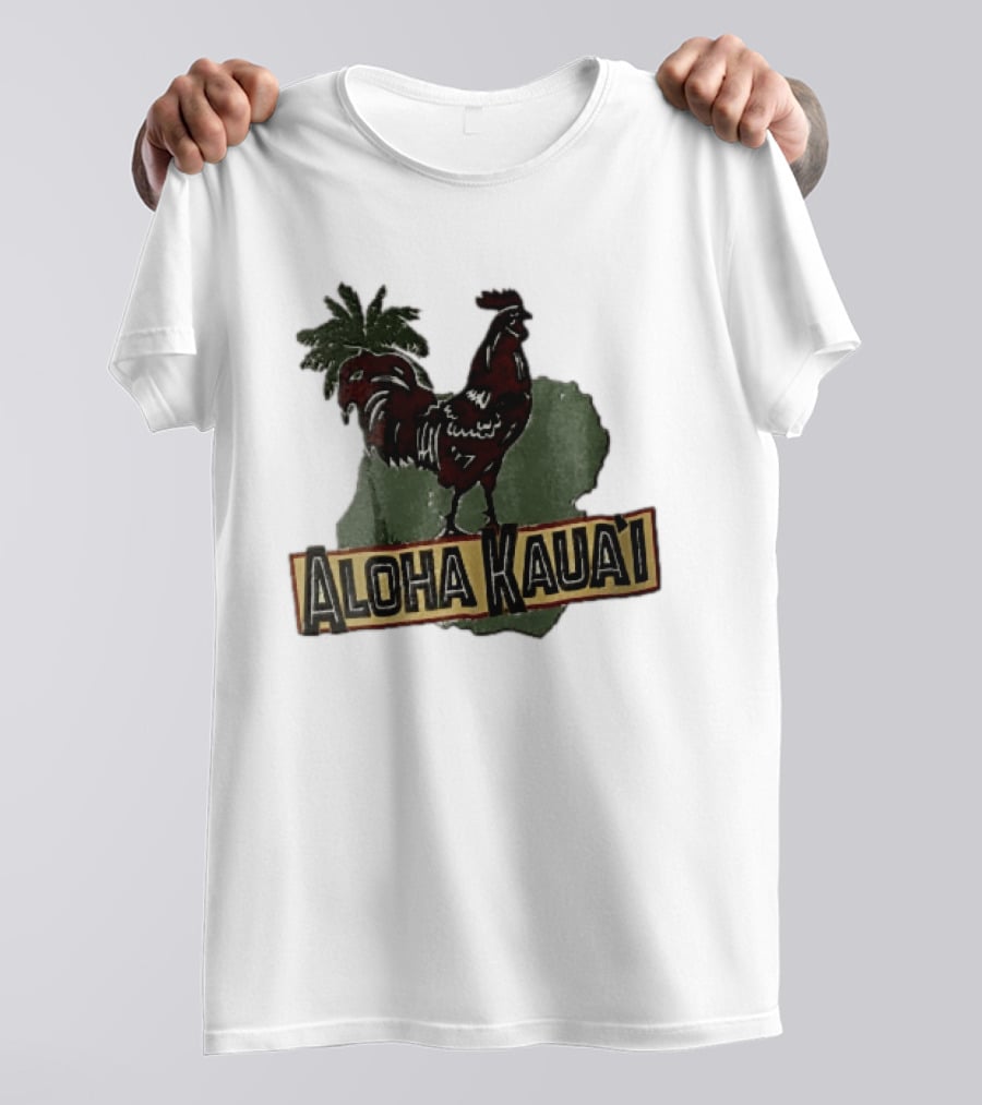 Aloha Kauai Red Rooster Palm Tree Island Map T-Shirt