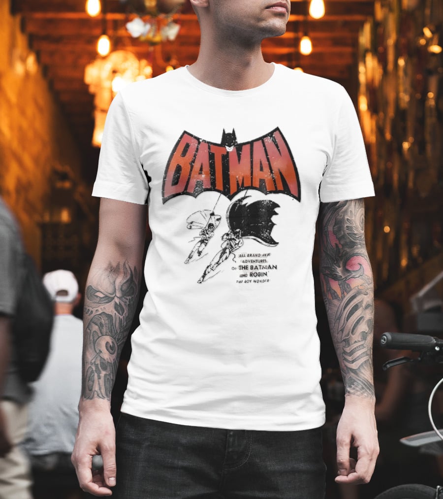 Batman All Brand New Adventures The And Robin Boy Wonder Distressed Line Swinging Capes T-Shirt