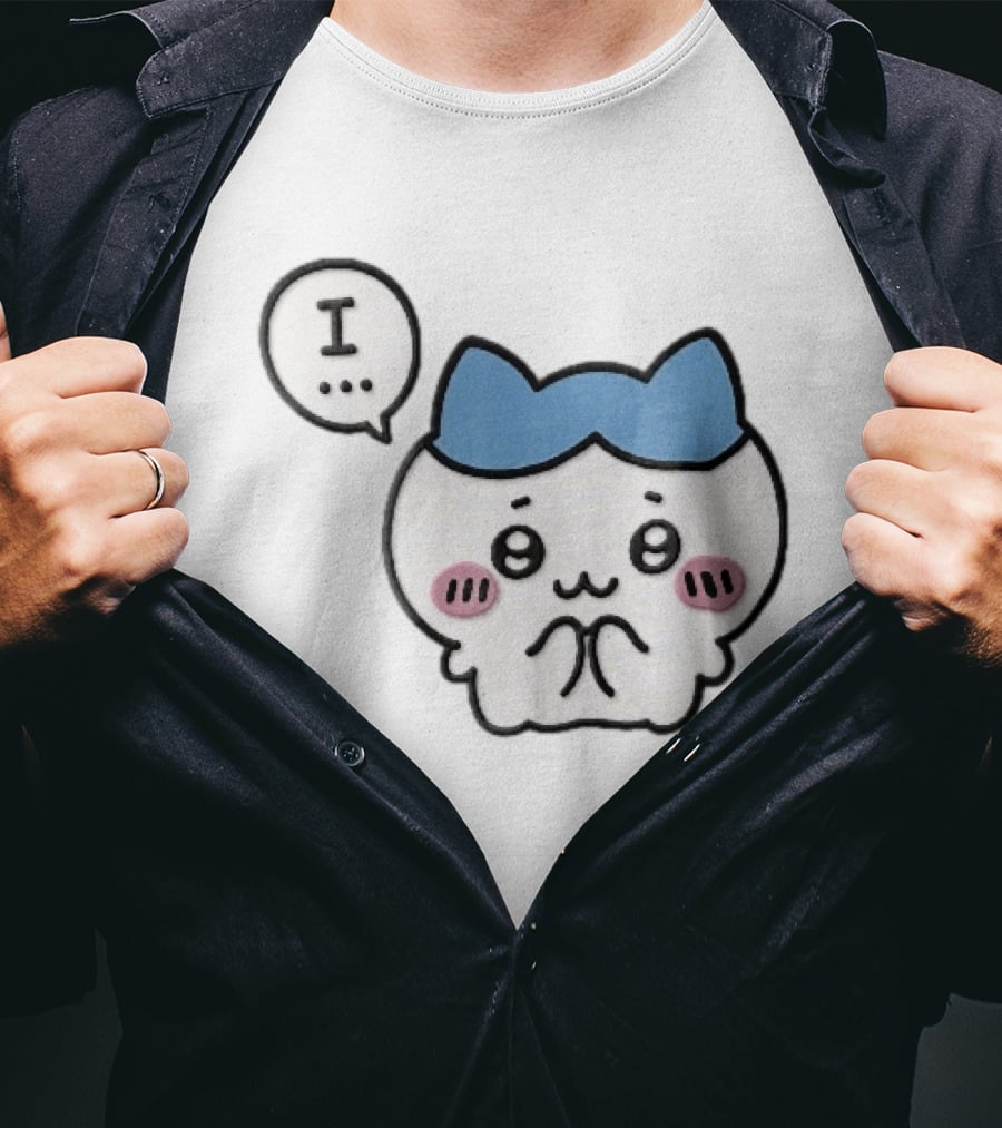 Shy White Cat With Blue Ears Blushing Expression Speech Bubble Text I T-Shirt