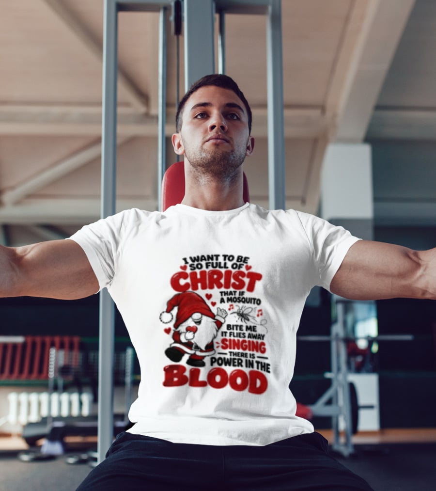 I Want To Be So Full Of Christ That If A Mosquito Bites Me It Flies Away Singing There Is Power In The Blood Gnome Christian Humor T-Shirt