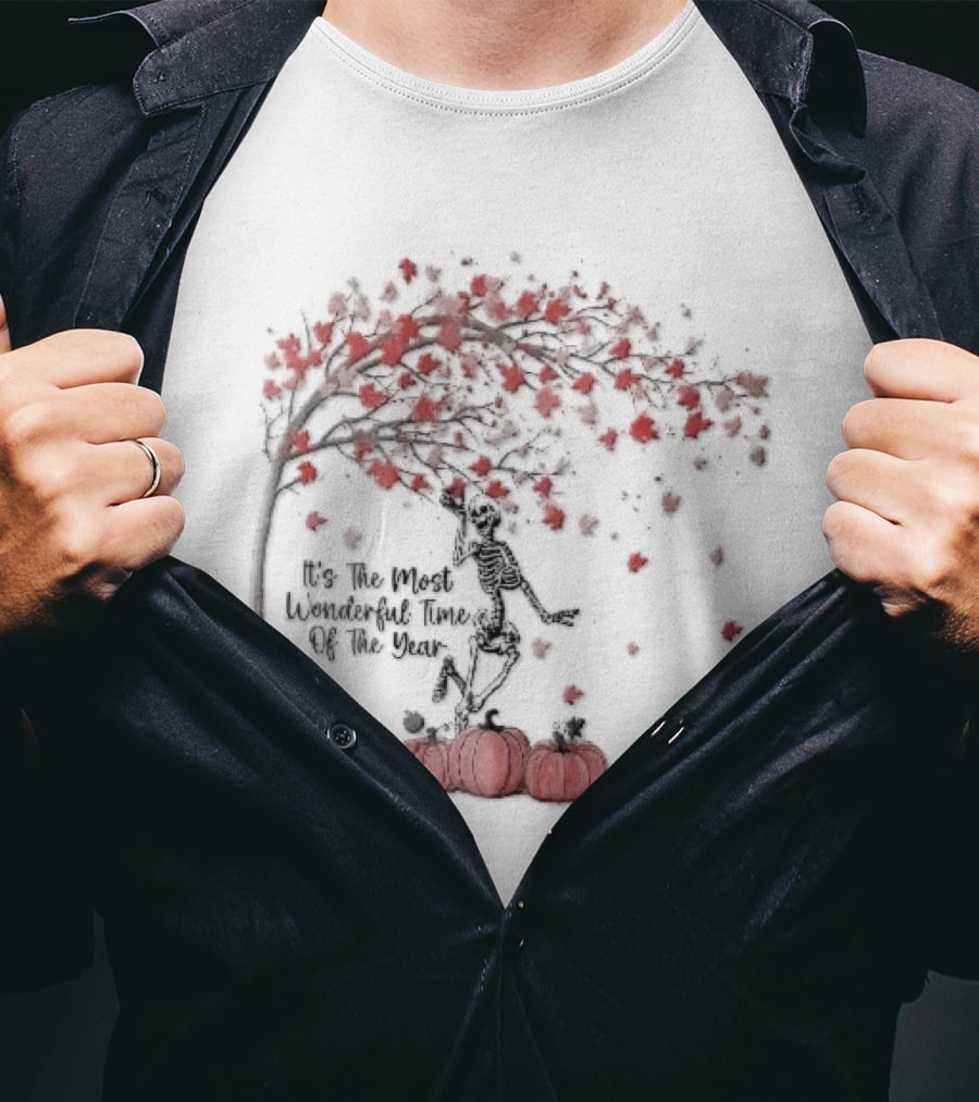 It's The Most Wonderful Time Of Year Dancing Skeleton Autumn Tree Pumpkins T-Shirt