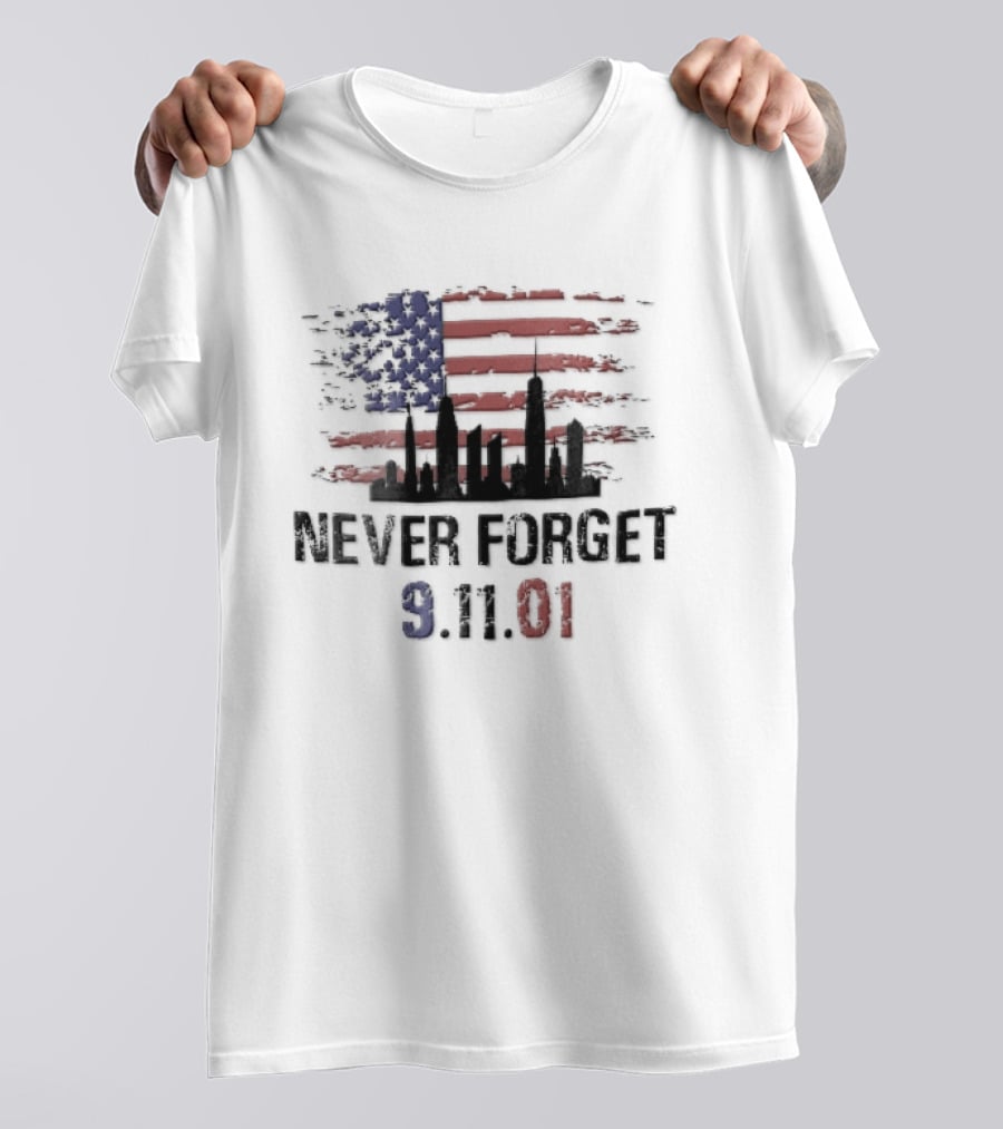 Never Forget 9 11 01 Distressed American Flag NYC Skyline T-Shirt