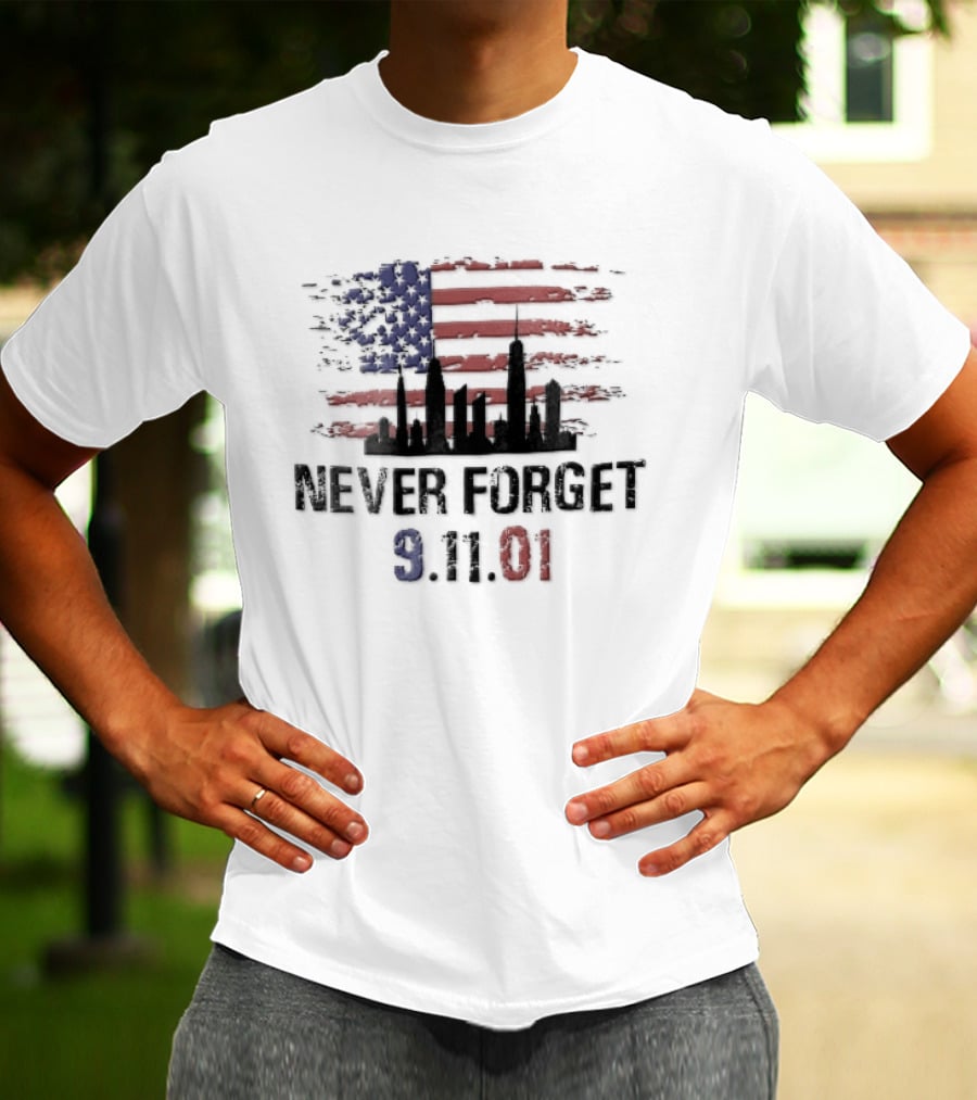 Never Forget 9 11 01 Distressed American Flag NYC Skyline T-Shirt