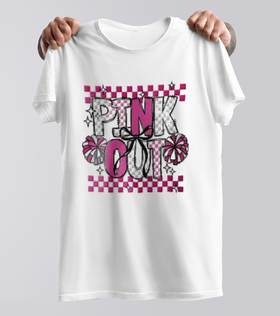Pink Out Checkerboard Cheerleader Pom Poms Black Ribbon Bow Sparkles T-Shirt