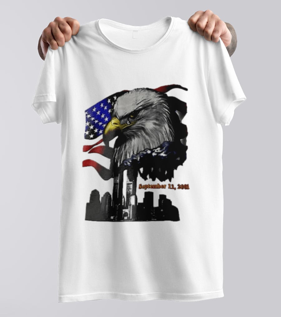 September 11 2001 Twin Towers New York Skyline Crying Bald Eagle American Flag T-Shirt