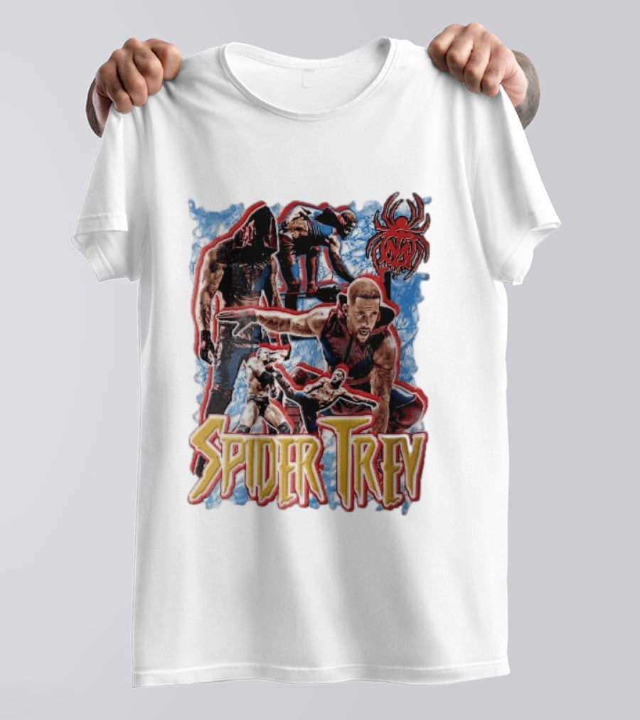 Spider Trey Professional Wrestler Action Collage With Blue Smoke And Red Spider T-Shirt