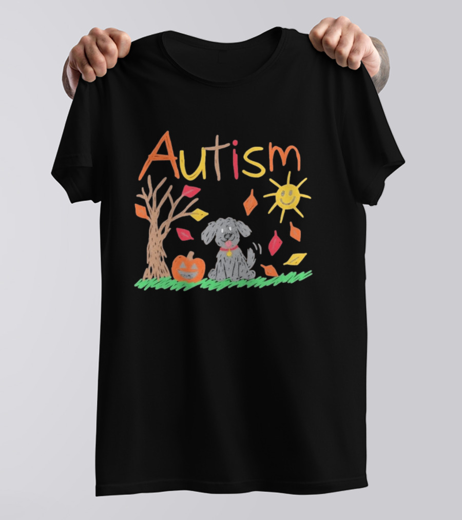 Autism Awareness Fall Puppy Pumpkin Autumn Leaves Sun Drawing T-Shirt