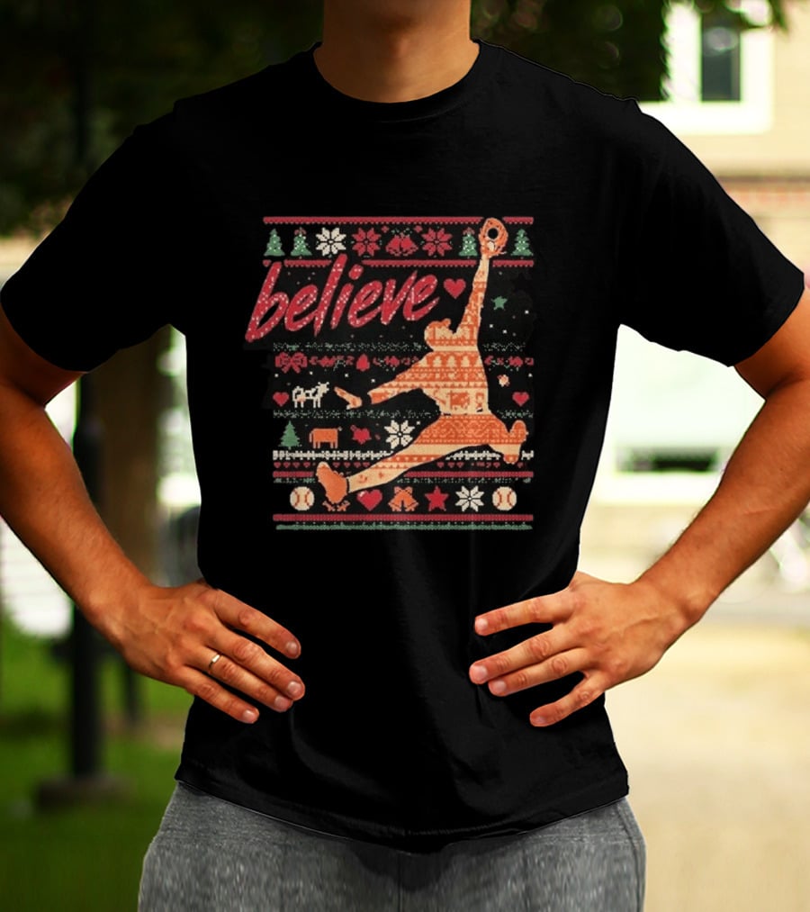 Believe Orioles Air Cowser Ugly Christmas Festive Sweater Baseball Catch T-Shirt