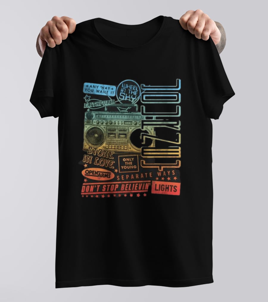 Journey Don't Stop Believin' Wheel In The Sky Stone In Love Open Arms Retro Radio T-Shirt