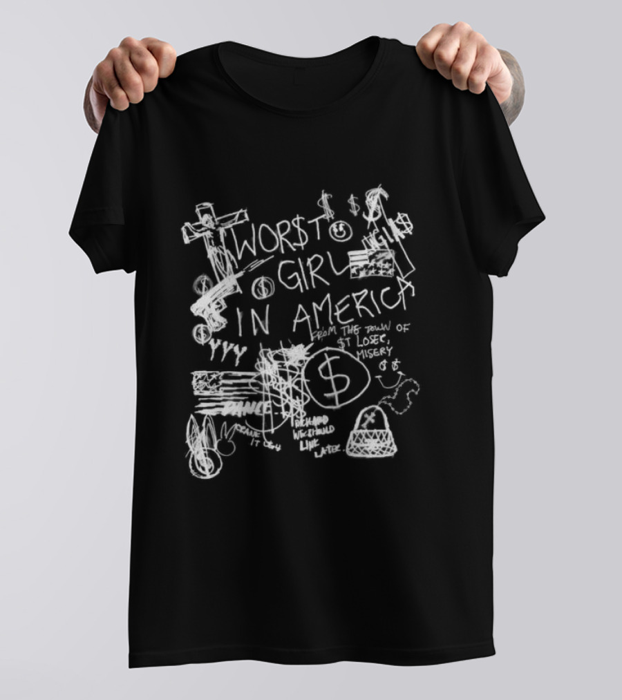 Slayyyter Store Sharpie Black Worst Girl In America Dollar Sign T-Shirt