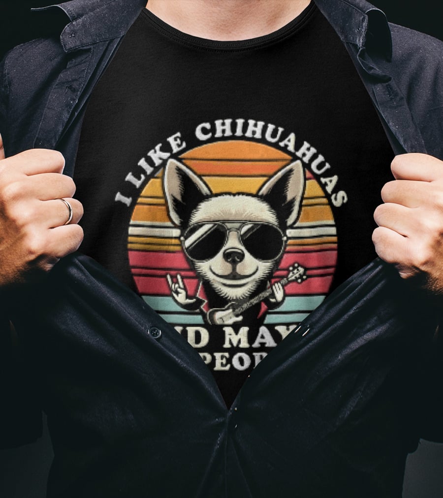 I Like Chihuahuas And Maybe 3 People Dog Sunglasses Electric Guitar Sunset T-Shirt
