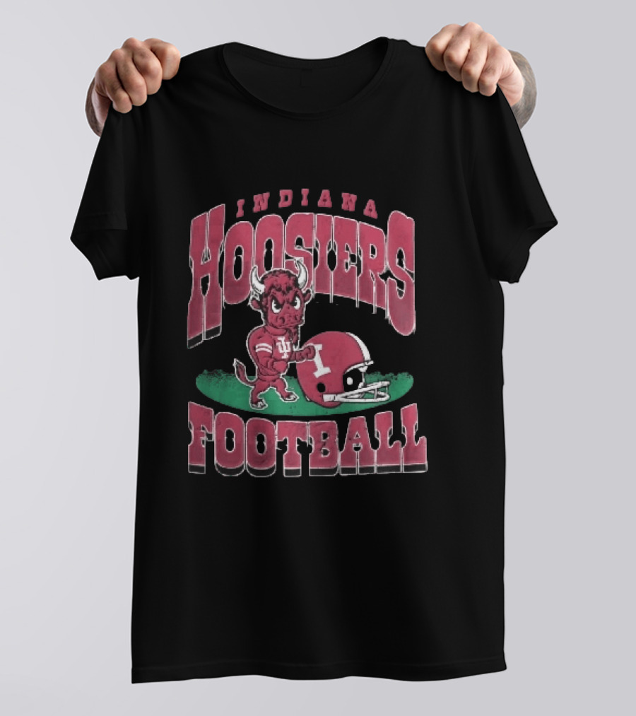 Indiana Hoosiers Football Distressed Cartoon Bull Helmet T-Shirt