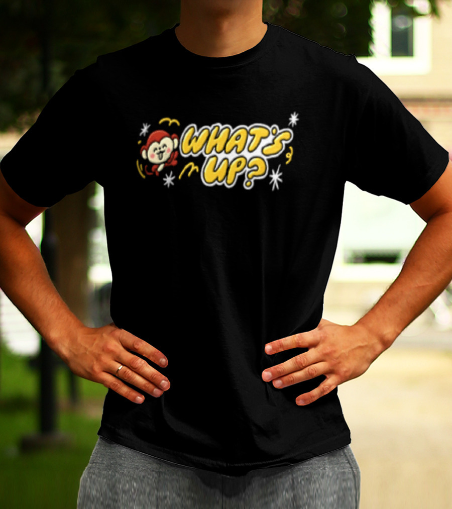What's Up Cartoon Monkey Waving White Sparkles Squiggles T-Shirt