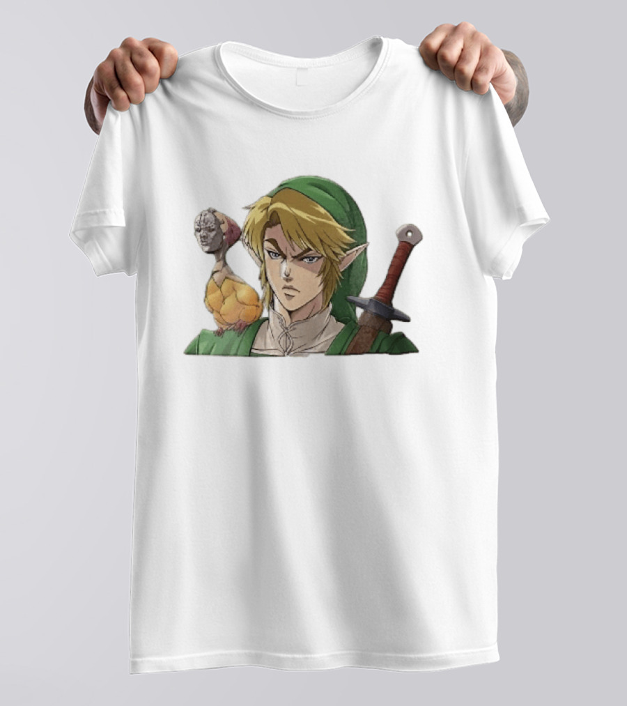 Anime Blonde Elf Knight In Green Tunic With Sword And Strange Bird Companion T-Shirt