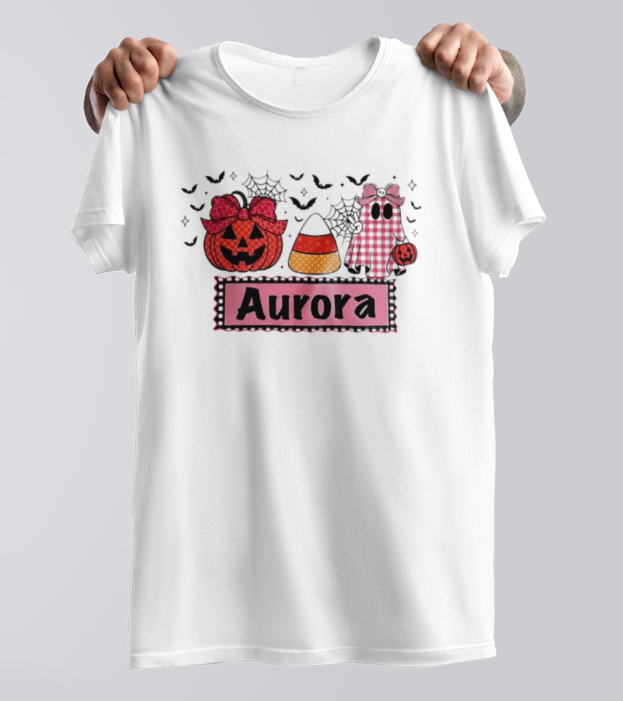 Aurora Halloween Pumpkin Ghost Candy Corn And Spiderwebs T-Shirt