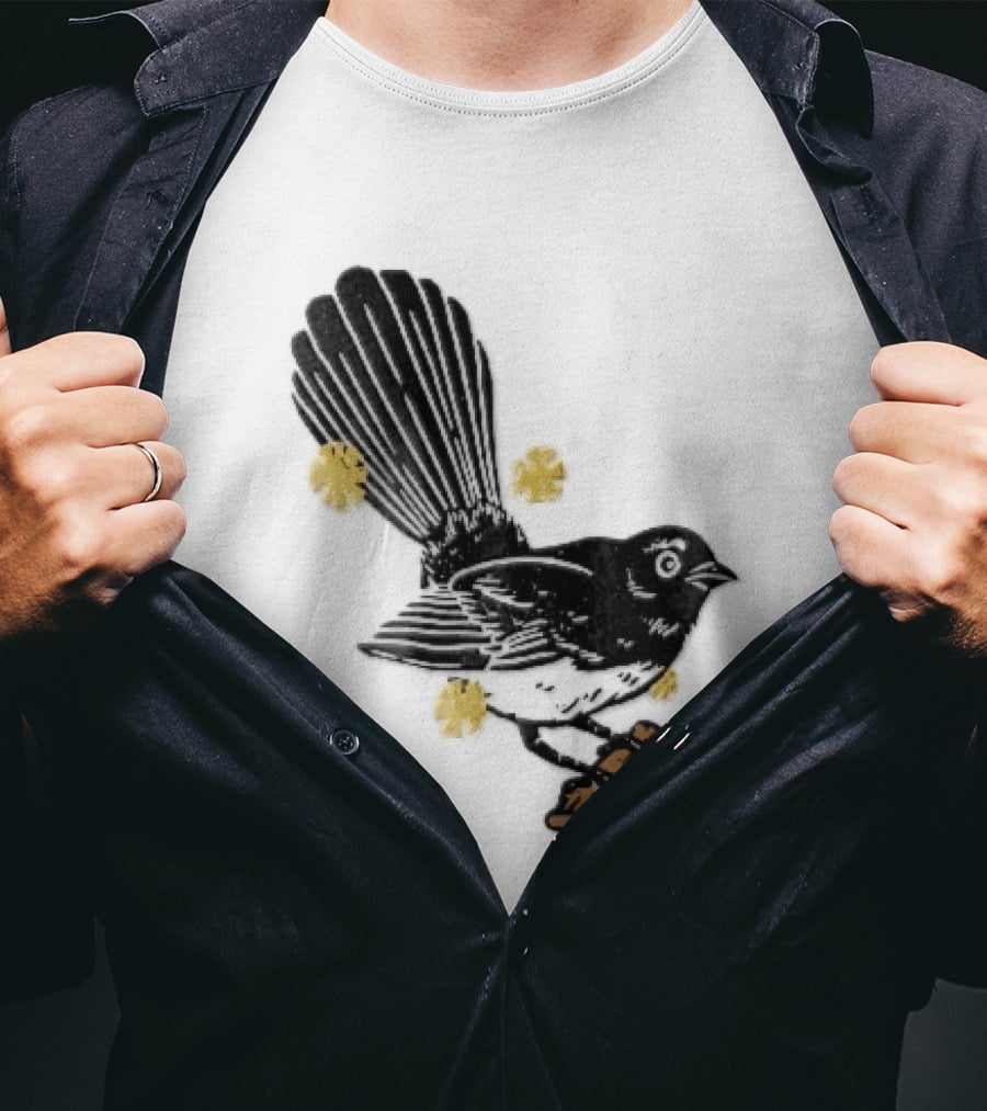 Black White Linocut Fantail Bird Branch Yellow Flowers T-Shirt