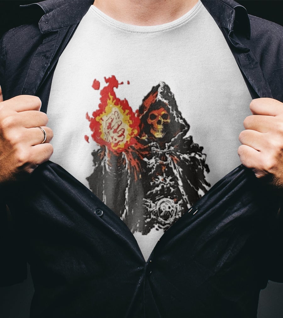 Hooded Skeleton Sorcerer With Glowing Red Fireball T-Shirt
