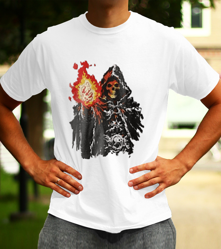 Hooded Skeleton Sorcerer With Glowing Red Fireball T-Shirt