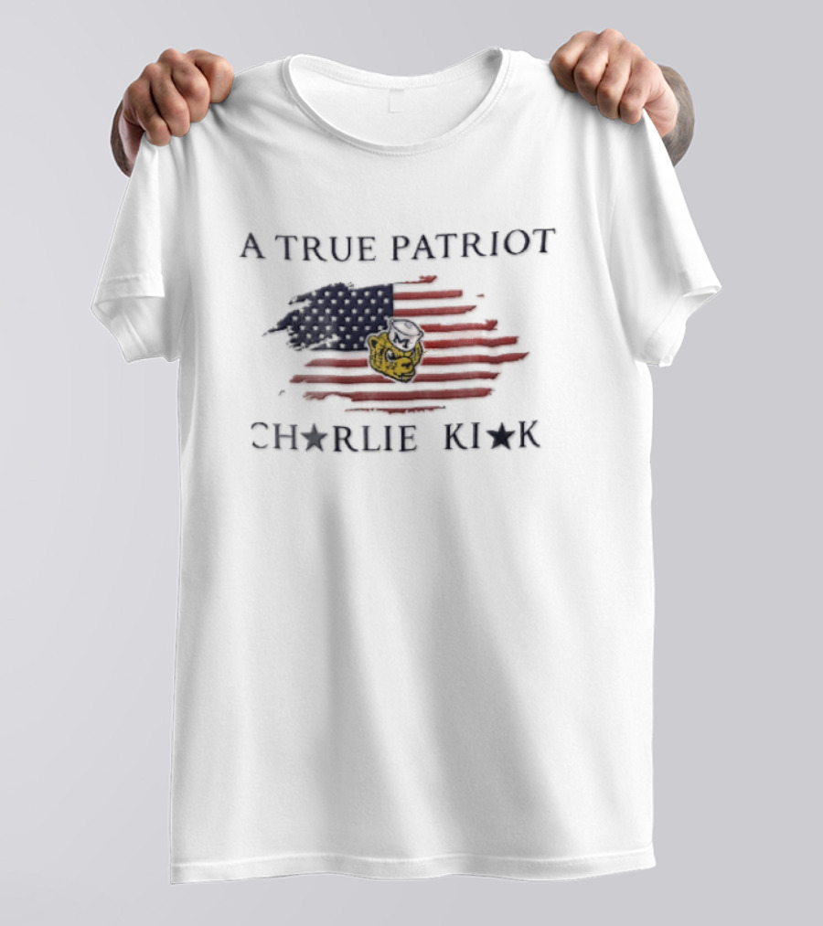 A True Patriot Charlie Kirk Distressed US Flag Wolverine Head T-Shirt
