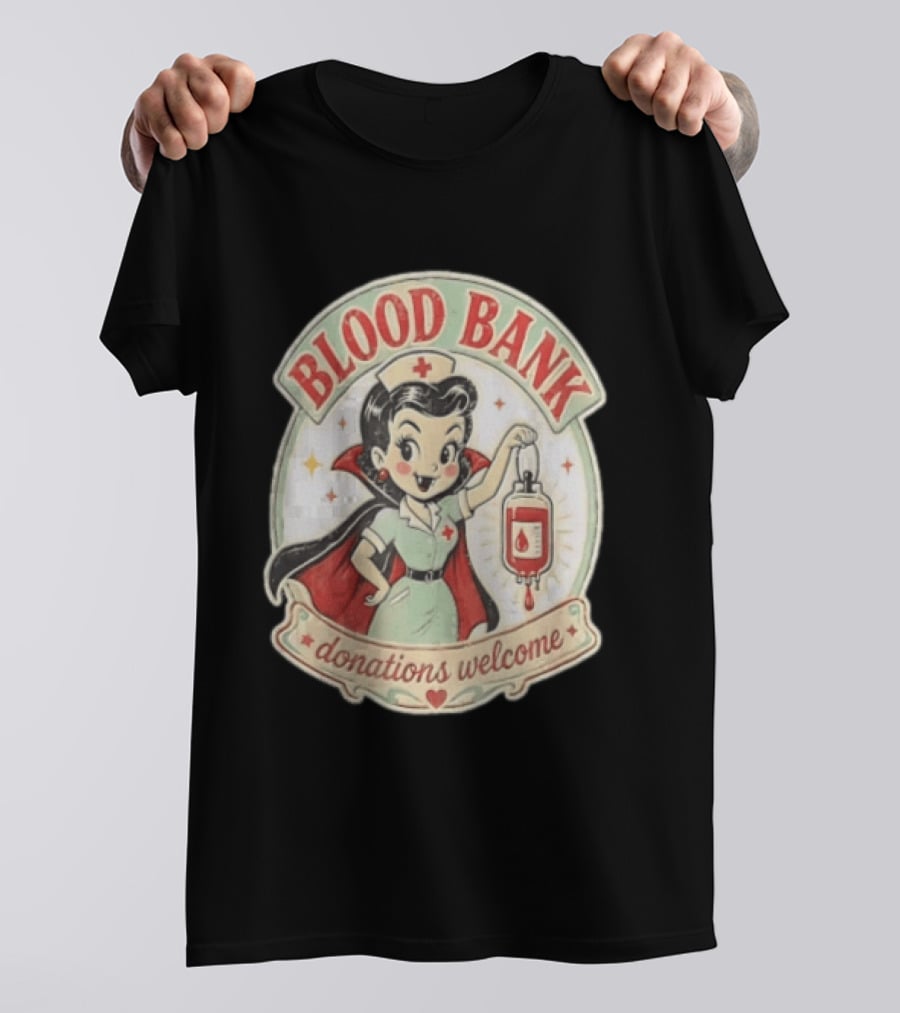 Blood Bank Donations Welcome Vampire Nurse Retro Cartoon T-Shirt