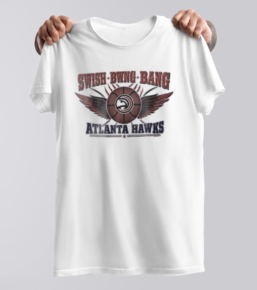 Atlanta Hawks Swish Bwng Bang Distressed Winged Basketball T-Shirt