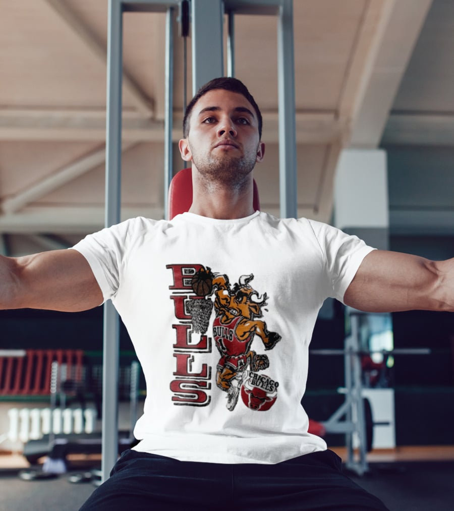 Chicago Bulls Bull Dunking Basketball Hoop NBA Cartoon Caricature T-Shirt